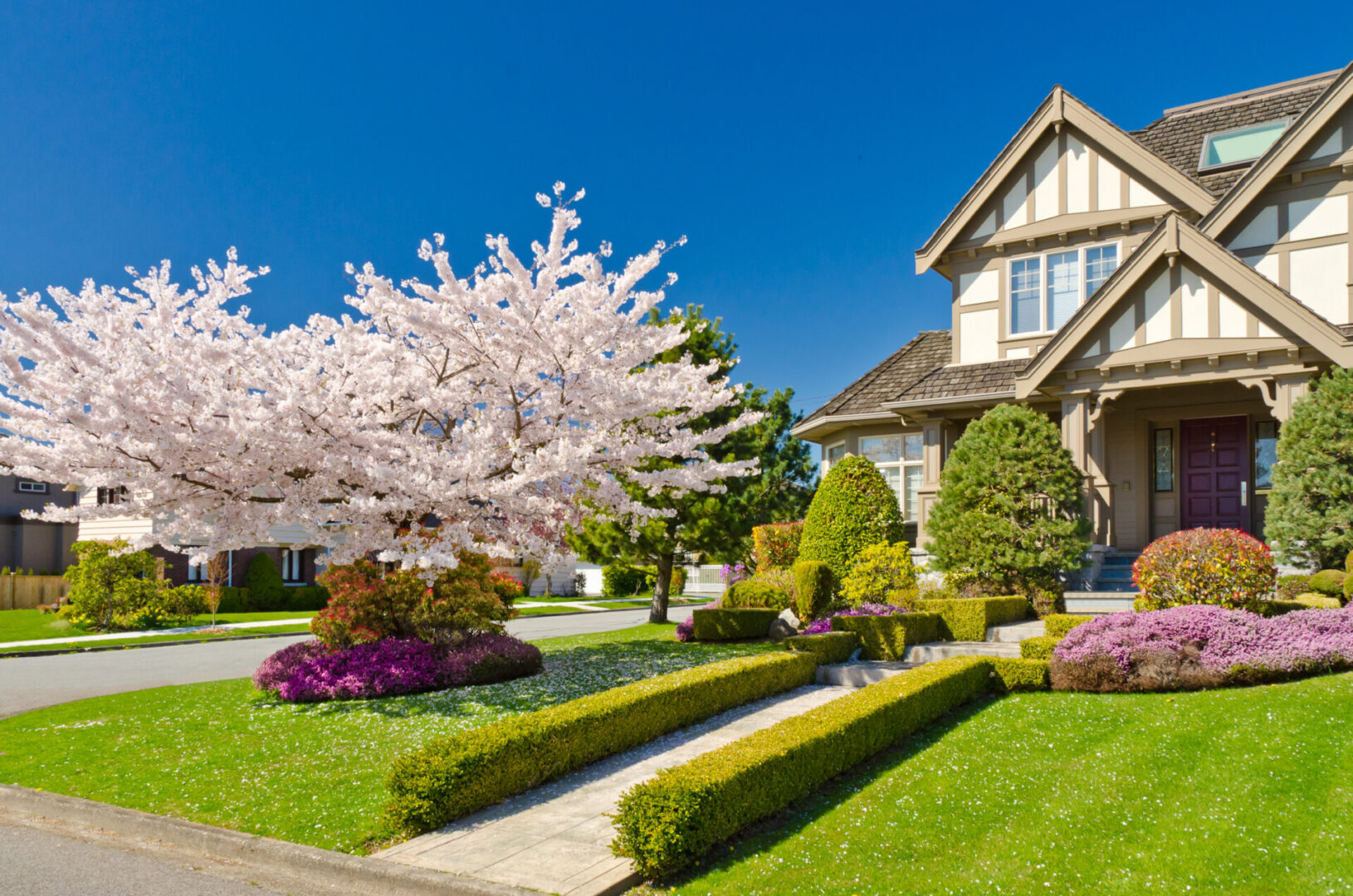 Picture showing the front view of a house with a garden