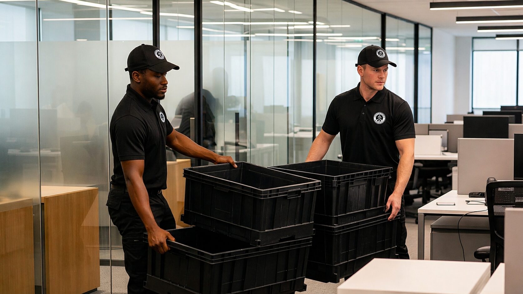 Birch Circle Movers crew carrying reusable moving bins during a commercial office move