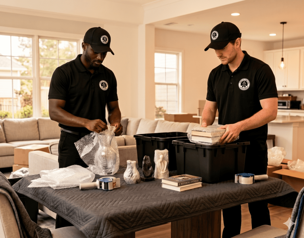 Birch Circle Movers team packing fragile items in reusable moving bins inside a home