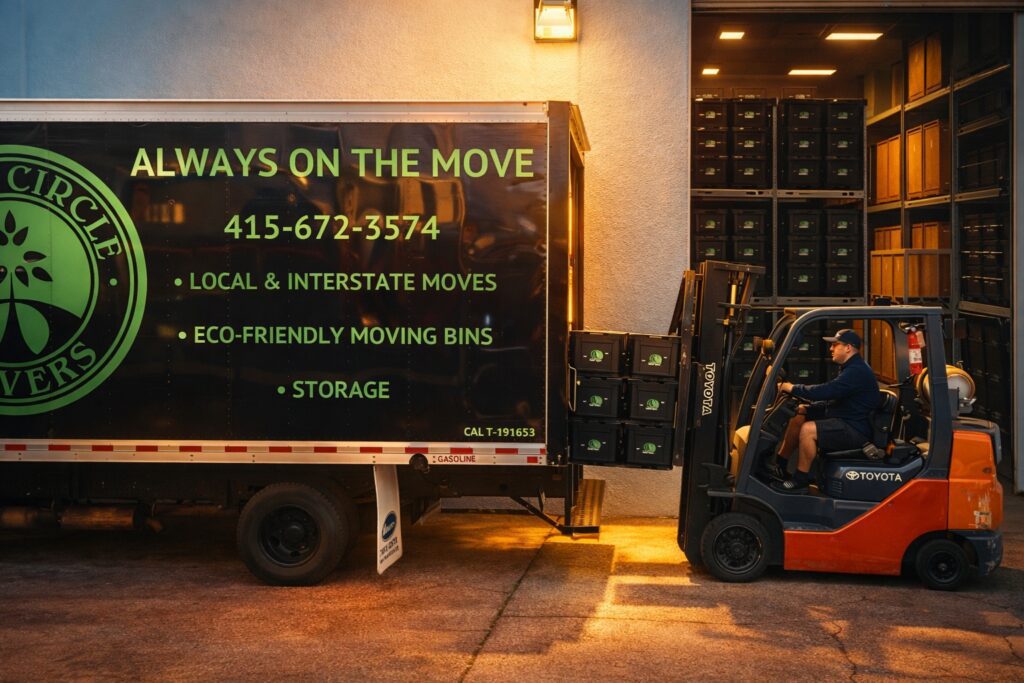 Birch Circle Movers truck and forklift loading storage bins at warehouse
