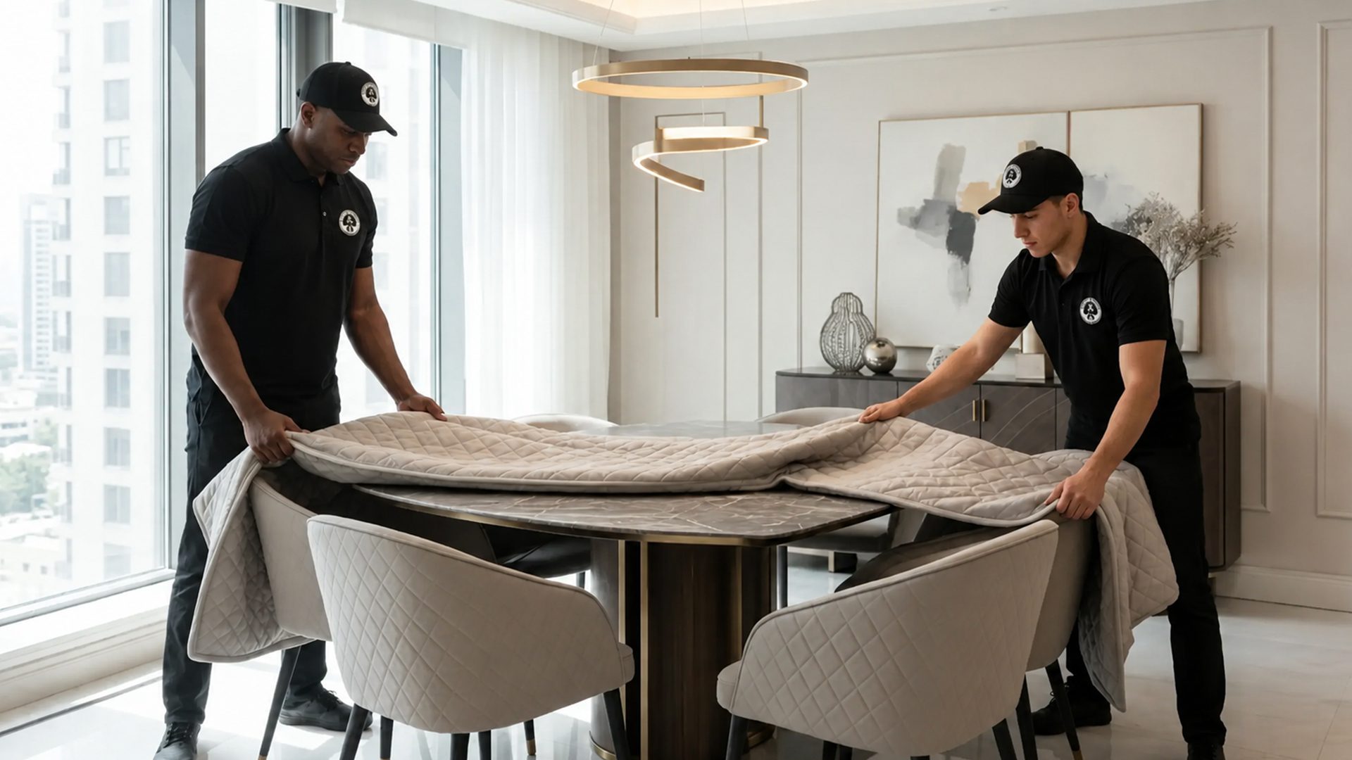 Birch Circle Movers team carefully protecting a dining table during a designer furniture installation
