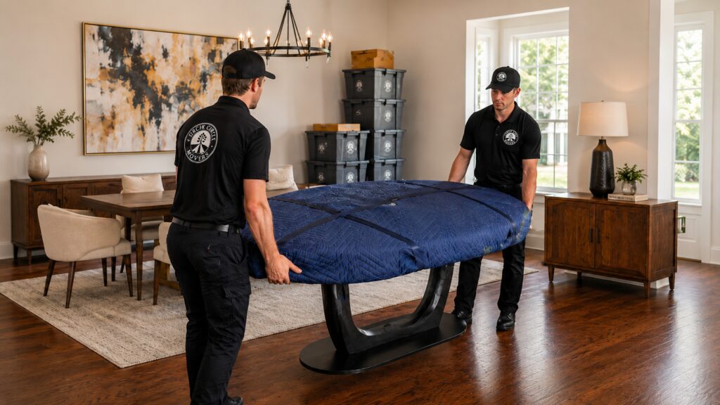 Birch Circle Movers team carrying a blanket-wrapped furniture piece inside a bright home