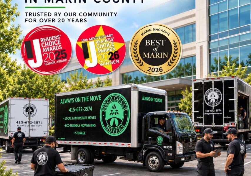 Birch Circle Movers trucks and moving crew outside a commercial building, celebrating award-winning moving services in Marin County.